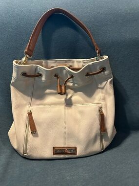 Kelly Moore Austin Bone Drawstring Hobo Camera Bag with Brown Trim